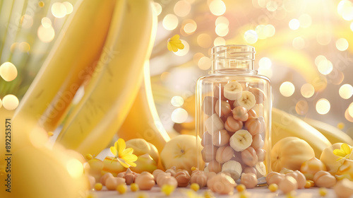 Balanced Neurotransmitters with Vitamin B6 in Clear Crystal Bottle - Mood Regulation, Calm Mind, Holographic Display, Bananas and Chickpeas - Ideal for Advertisements