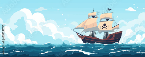 Pirate ship sailing on choppy seas with a skull-and-crossbones flag. Vector flat minimalistic isolated illustration
