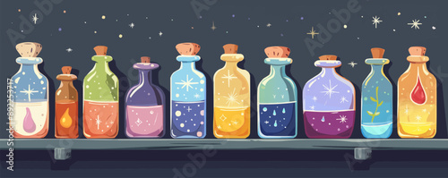 Magical potion bottles on a shelf Vector flat minimalistic isolated illustration