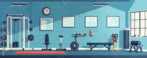 Modern gym interior with workout equipment Vector flat minimalistic isolated illustration