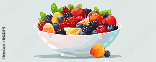 A bowl of fruit salad with various fruits and a drizzle of dressing, resting on the white background. Vector flat minimalistic isolated illustration.
