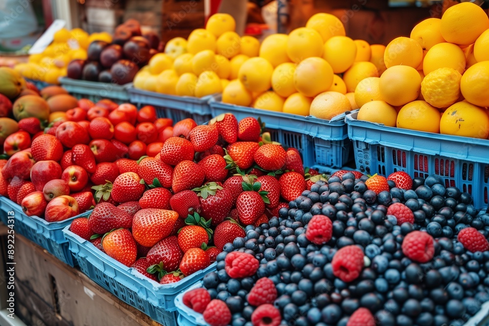 fresh fruits in boxes in the market fresh fruits in boxes in the market