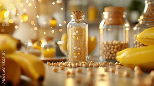 Crystal Bottle of Vitamin B6 Supplement Surrounded by Bananas and Chickpeas - Mood Regulation, Calm Mind, Balanced Neurotransmitters  photo
