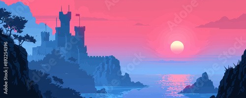 A mystical castle shrouded in fog on a rocky cliff overlooking the sea. Vector flat minimalistic isolated illustration.