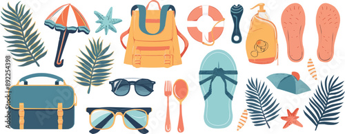 Travel accessories and vacation essentials for a beach holiday on a clean white surface. Vector flat isolated illustration.