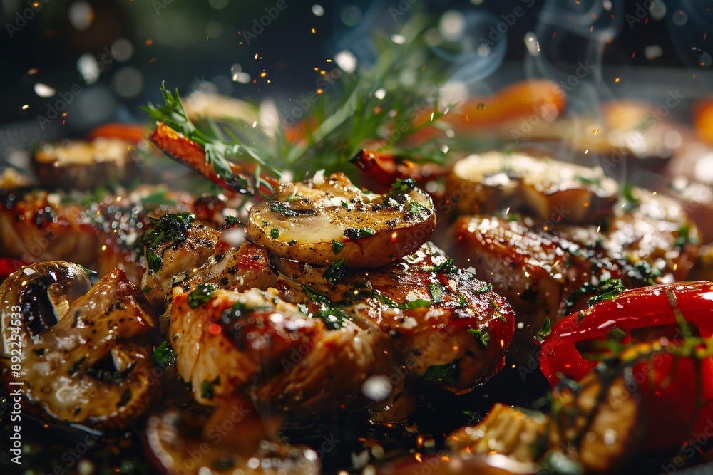 Juicy roasted meat and mushrooms , flame at the dark background, appetizing look, hot seasoning: vegetables : red pepper. Juicy roasted meat and mushrooms , flame at the dark background, appetizing look, hot seasoning: vegetables : red pepper.