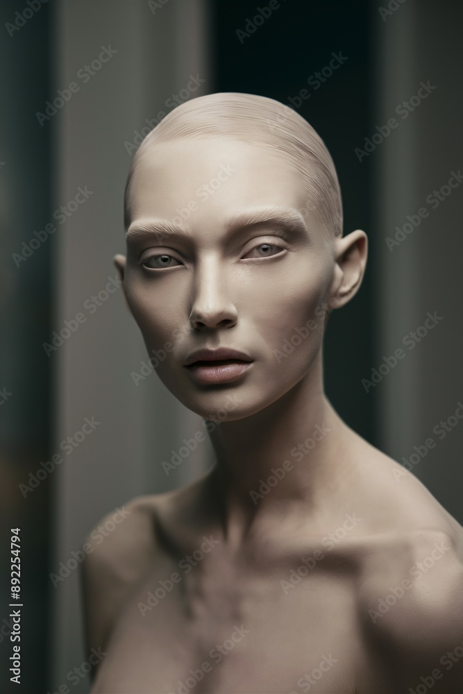 Intriguing Gaze: A captivating portrait of a woman with shaved head, her piercing gaze and ethereal beauty evoke a sense of mystery and intrigue. Her pale skin and stark contrast against the dark back Intriguing Gaze: A captivating portrait of a woman with shaved head, her piercing gaze and ethereal beauty evoke a sense of mystery and intrigue. Her pale skin and stark contrast against the dark back
