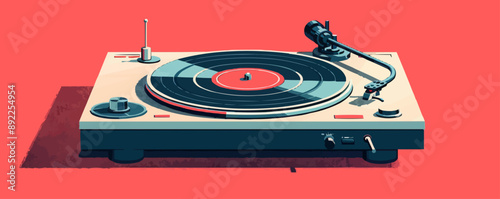 Nostalgic record player with vinyl discs Vector flat minimalistic isolated illustration