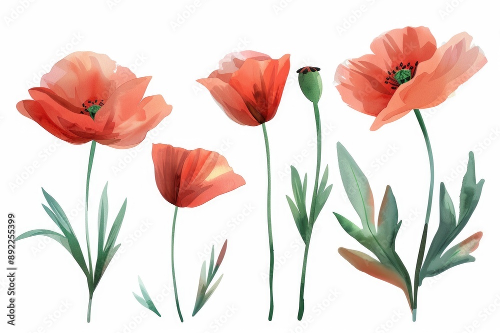 Obraz premium A cluster of vibrant red flowers against a clean white backdrop, ideal for illustrations or designs