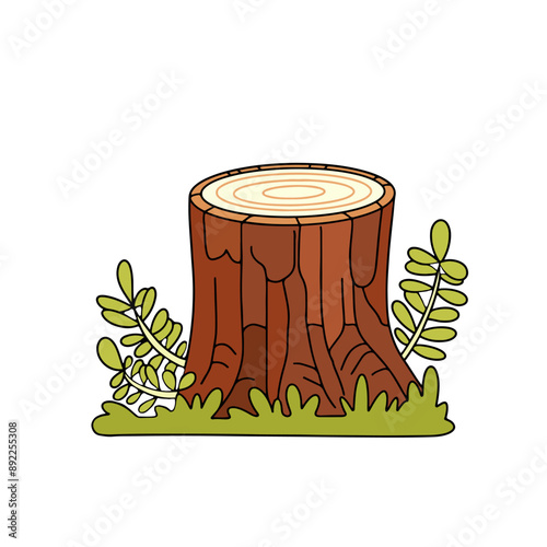 vector drawing of a stump, a cut tree in the grass. Isolated color children's illustration, trees in the forest on a white background
