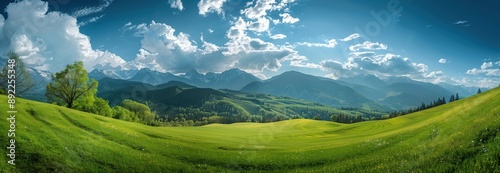 A panoramic view of a green meadow on a hillside in springtime