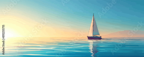 Sailing yacht gliding on azure waters. Vector flat minimalistic isolated illustration.