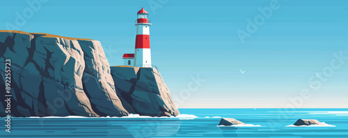 Coastal lighthouse overlooking rocky cliffs Vector flat minimalistic isolated illustration