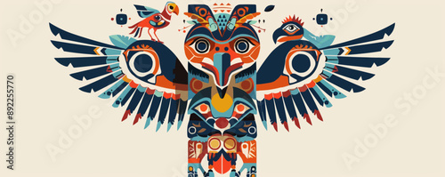 Tribal totem pole carved with symbolic figures and animals. Vector flat minimalistic isolated illustration.