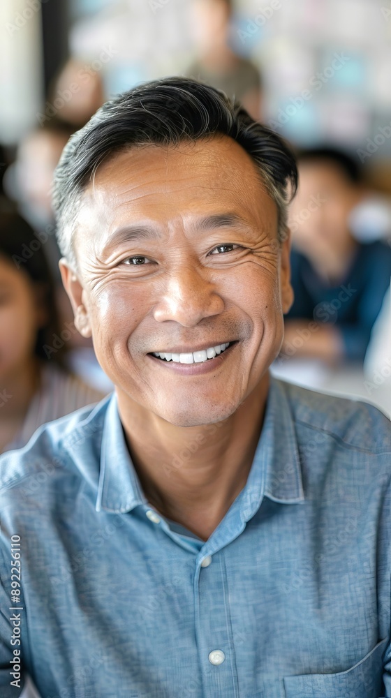 Smiling Asian man in a denim shirt in front of a menu board. Concept of happiness, dining, casual wear, cheerful expression. Vertical Smiling Asian man in a denim shirt in front of a menu board. Concept of happiness, dining, casual wear, cheerful expression. Vertical