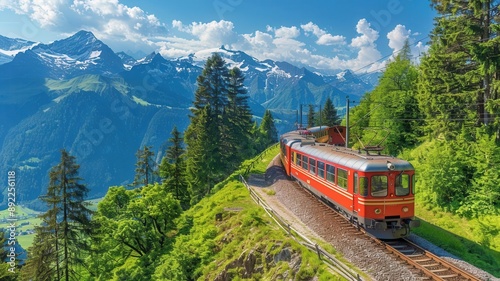 Scenic mountain train journey through lush green valley with breathtaking alpine views, clear blue sky, and majestic peaks.