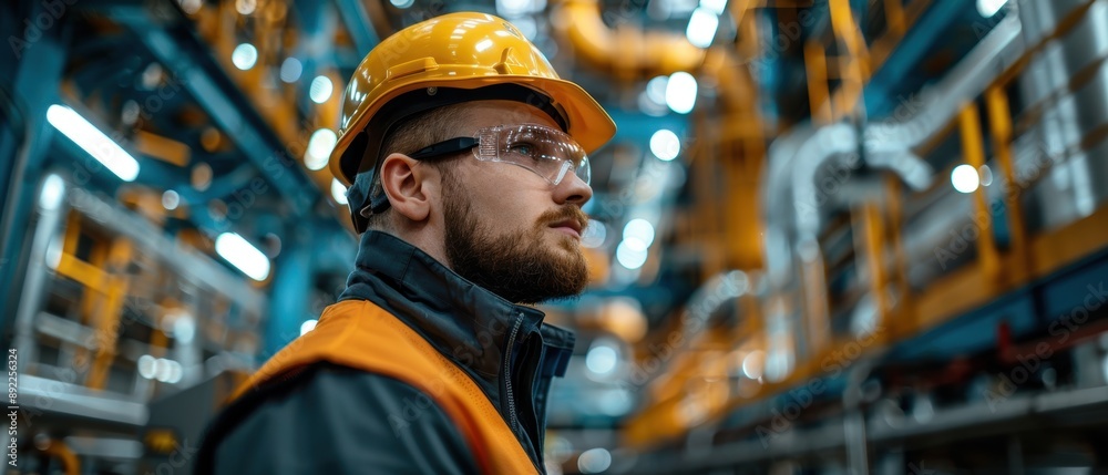 Detailed Inspection by Engineer in Helmet of High-Tech Machinery in Industrial Plant