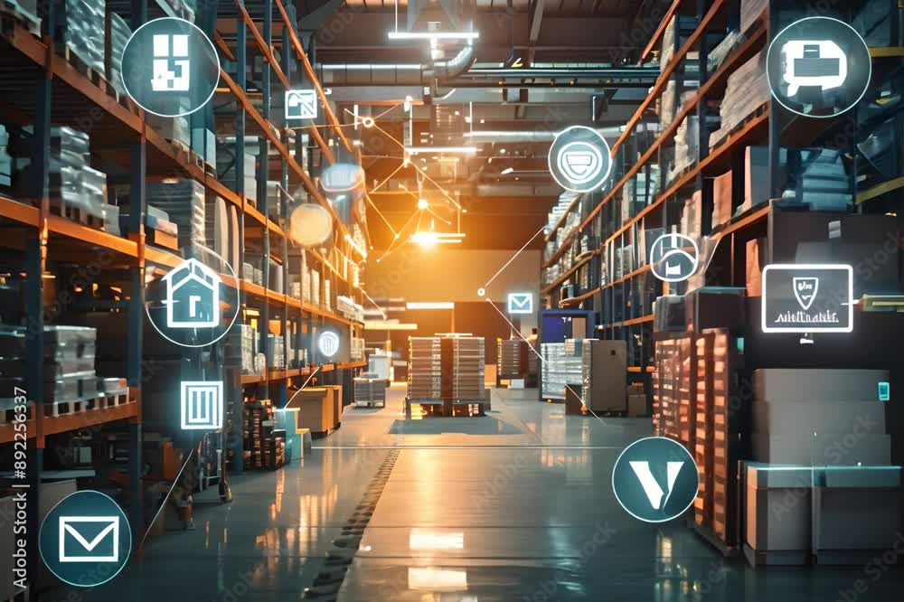 A modern warehouse illuminated by warm lighting showcases advanced smart technology integration, featuring holographic icons