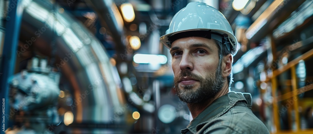 Dedicated Engineer Inspecting High-Tech Machinery in Industrial Plant with Precision Dedicated Engineer Inspecting High-Tech Machinery in Industrial Plant with Precision