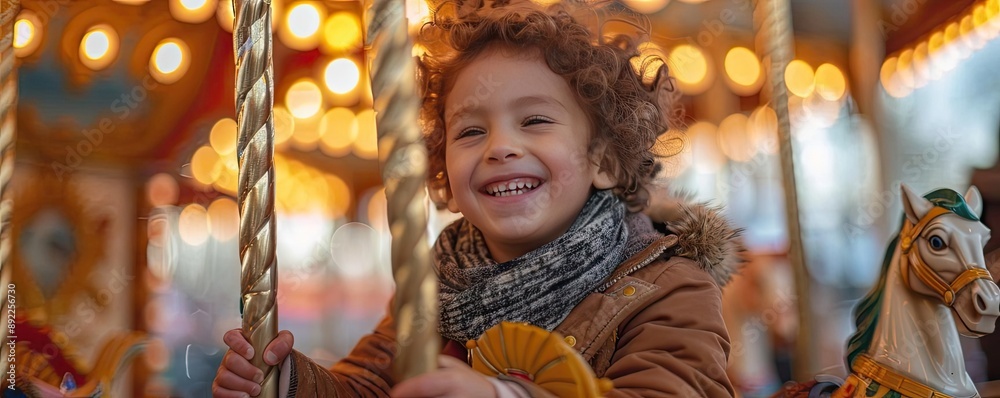 A child riding a carousel with a big smile, representing the wonder of childhood A child riding a carousel with a big smile, representing the wonder of childhood