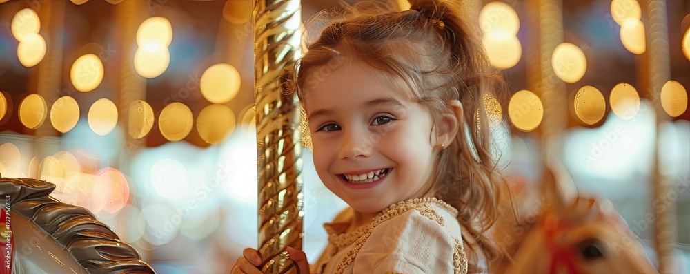 A child riding a carousel with a big smile, representing the wonder of childhood A child riding a carousel with a big smile, representing the wonder of childhood