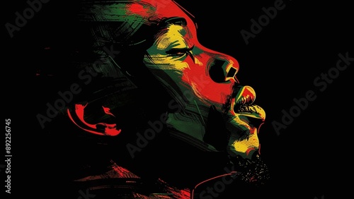 Vibrant Profile Illustration of African-American Face in Red, Yellow, and Green Hues on Black Background - Reggae Colors, Rastafarian Art