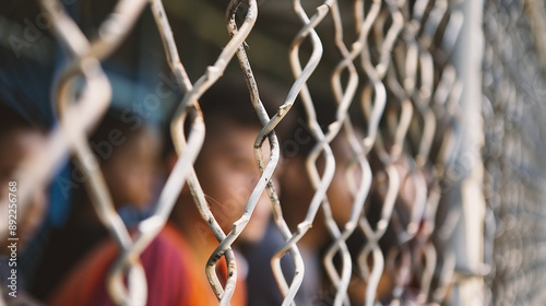 Close-up of a wire fence with blurred people on the background
