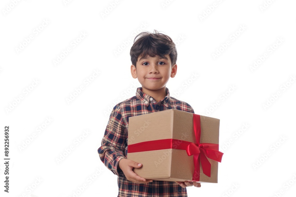 Kid Boy Holding Big Gift Box, Love Concept Isolated on White with Copy Space Kid Boy Holding Big Gift Box, Love Concept Isolated on White with Copy Space