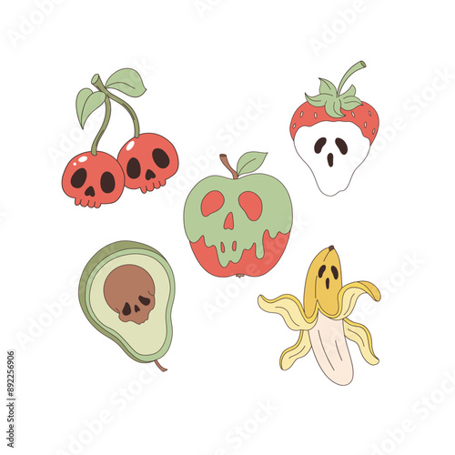 Spooky fruits vector clip-art set isolated on white. Halloween cherry strawberry avocado banana apple illustration 