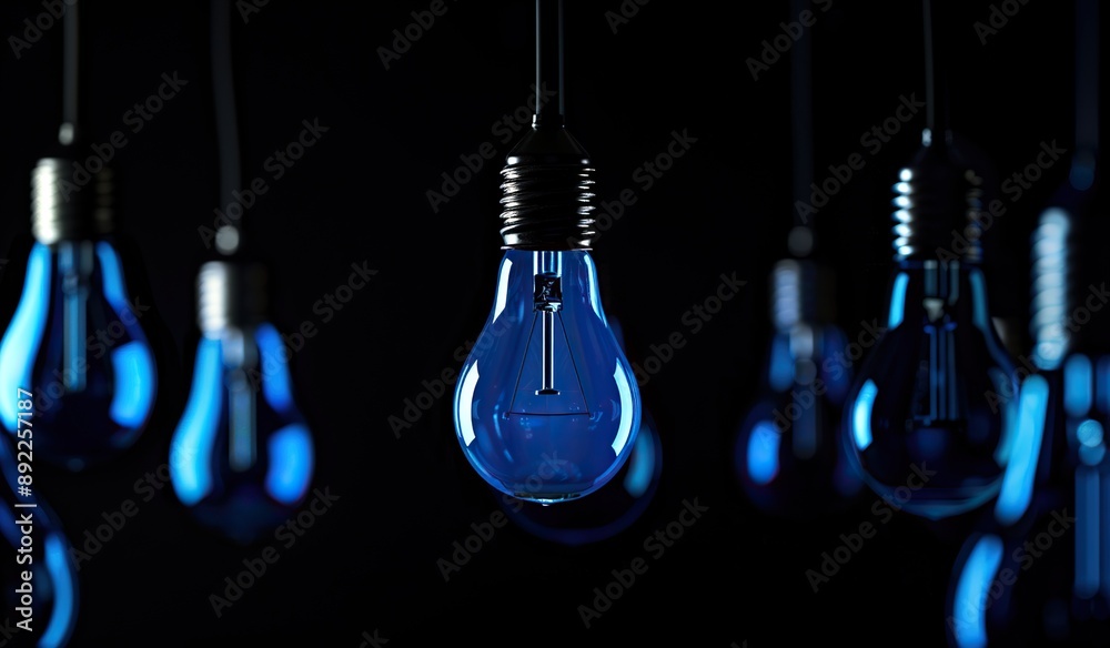 Multiple blue light bulbs hang against a dark background creating a striking contrast Multiple blue light bulbs hang against a dark background creating a striking contrast