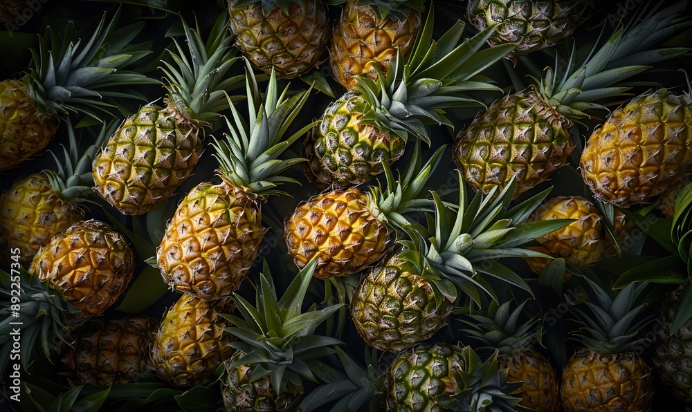 Juicy yellow pineapples with green leaves displayed in a tropical fruit setting Juicy yellow pineapples with green leaves displayed in a tropical fruit setting