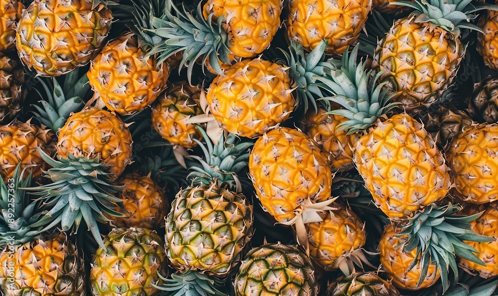 A fresh pile of tropical pineapples with vibrant yellow color and green leaves A fresh pile of tropical pineapples with vibrant yellow color and green leaves