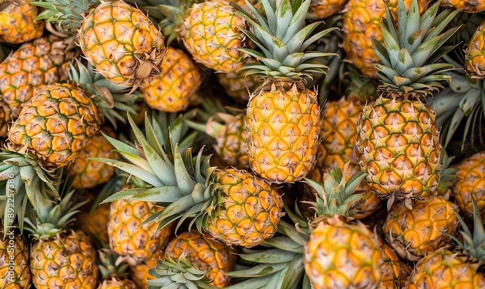 A fresh pile of tropical pineapples with vibrant yellow color and green leaves A fresh pile of tropical pineapples with vibrant yellow color and green leaves