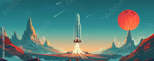 Futuristic spaceport with rocket launch pads Vector flat minimalistic isolated illustration