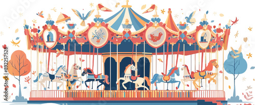 Whimsical carousel with ornate animal figures. Vector flat minimalistic isolated illustration.