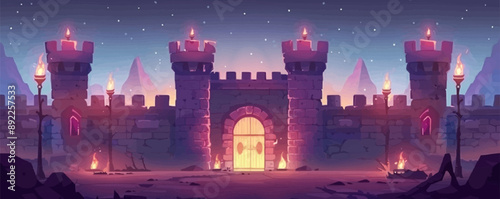 Medieval castle courtyard with a drawbridge and torches Vector flat minimalistic isolated illustration