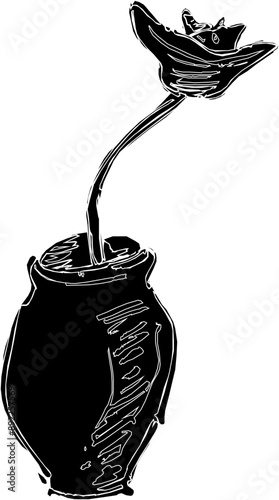 Vector silhouette illustration sketch, detailed design of a decorative rose flower in a pot as a symbol of love