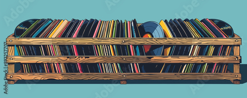 Vintage vinyl record collection in a wooden crate Vector flat minimalistic isolated illustration