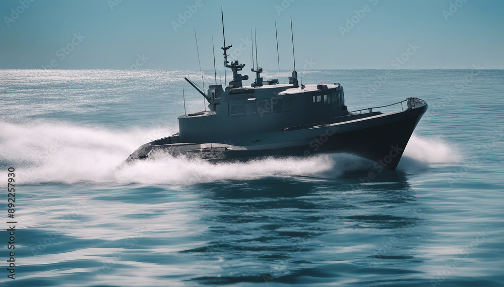 Naklejka premium A fast attack boat slicing through calm waters on a clear summer day, with a bright blue sky and sun