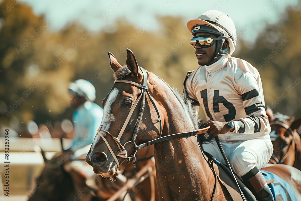 African American male jockey riding a horse during a race. Concept of equestrian sport, horse racing, jockey training, competitive racing African American male jockey riding a horse during a race. Concept of equestrian sport, horse racing, jockey training, competitive racing