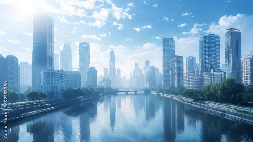 A modern cityscape with skyscrapers and a river running through the middle. A modern cityscape with skyscrapers and a river running through the middle.