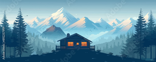Cozy mountain cabin nestled among pine trees Vector flat minimalistic isolated illustration