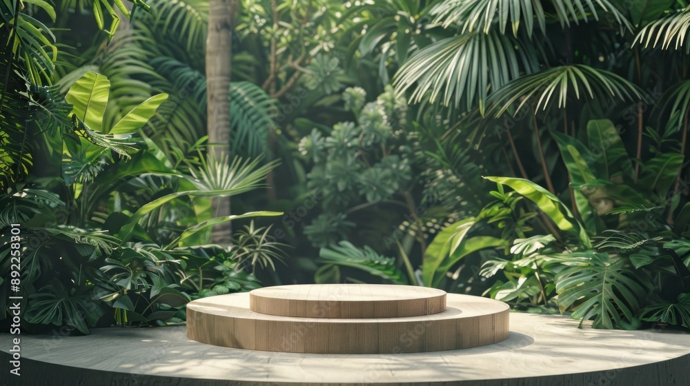 A wooden platform in a jungle setting with a large tree in the background A wooden platform in a jungle setting with a large tree in the background