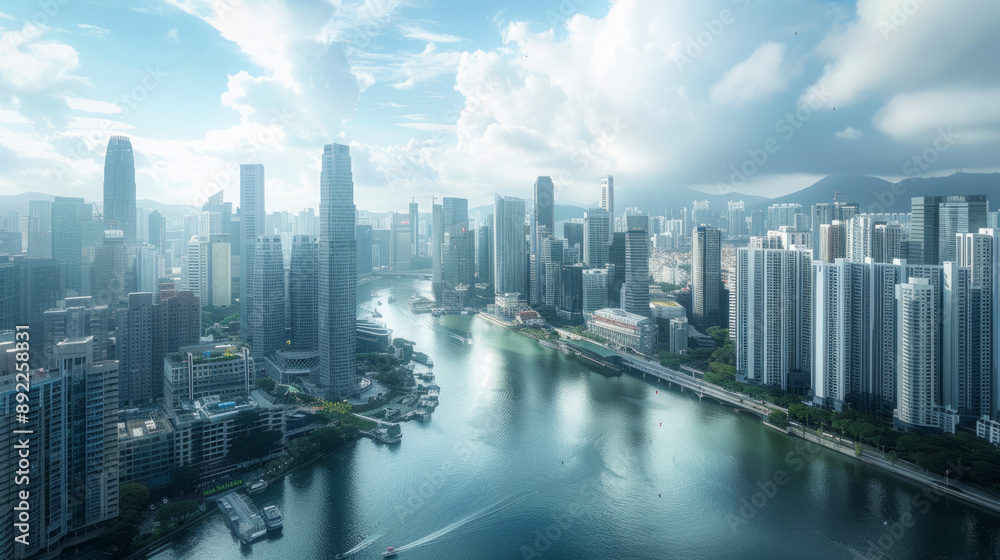 A modern cityscape with skyscrapers and a river running through the middle.