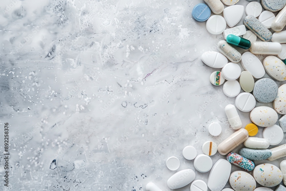 Medical background with a variety of pills with copy space