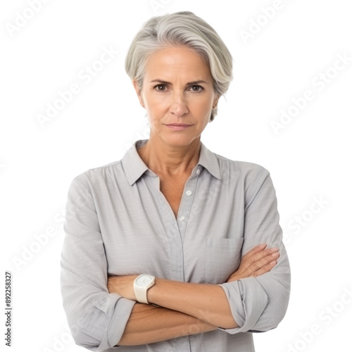 Mature Woman with Crossed Arms Displaying Confidence Isolated Without Background.