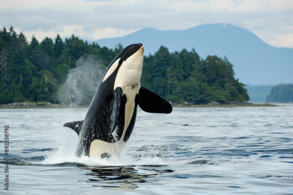 Fototapeta premium Orca Killerwhale jumps out of the water traveling on ocean water