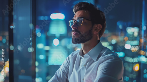 A man in a white shirt and glasses is looking out a window at the city