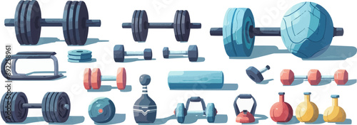 Sports equipment and workout gear on a clean white surface. Vector flat isolated illustration.