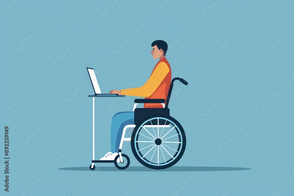 person in a wheelchair working on a laptop, solid color background person in a wheelchair working on a laptop, solid color background